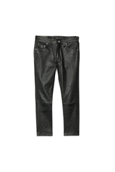 Stretch Leather Crop Pants with five pockets and reinforced belt loops, available in sizes 24 to 34.