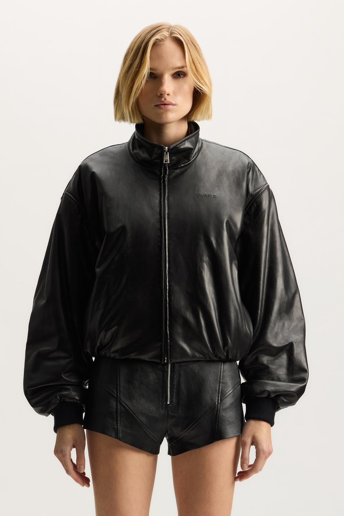 Leather Zip Jacket in lambskin featuring relaxed fit and on seam waist pocket.