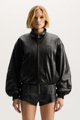 Leather Zip Jacket in lambskin featuring relaxed fit and on seam waist pocket.