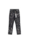 Purple denim slim straight pants with bleach stains and paint splatters, sizes 28-42.