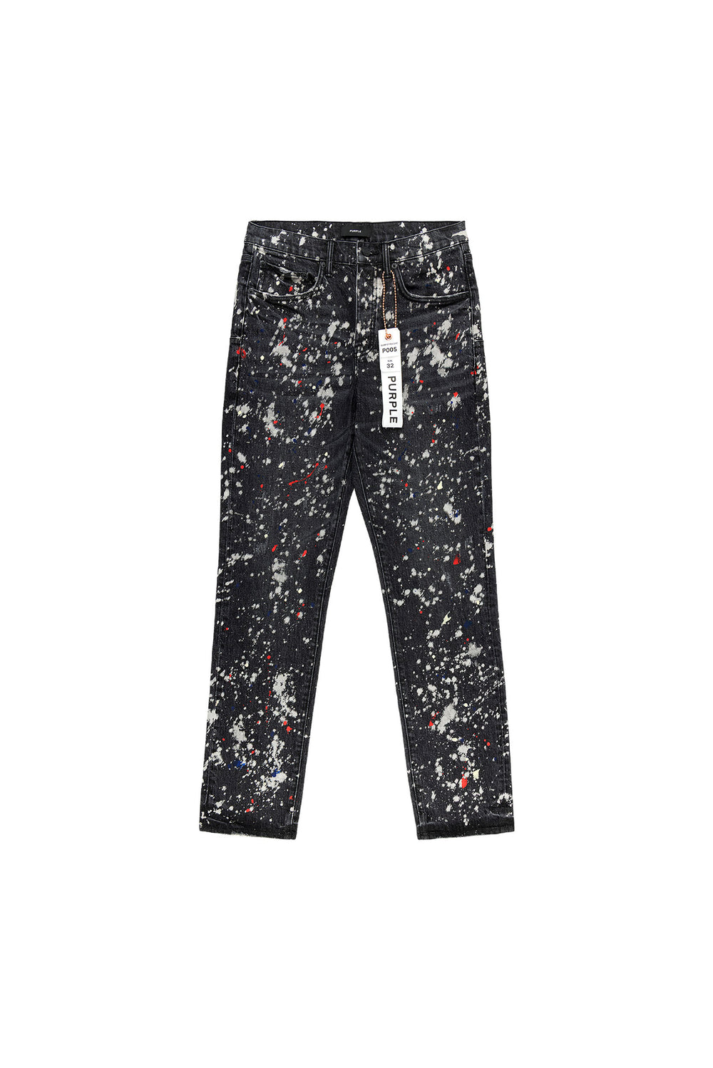 Purple denim slim straight pants with bleach stains and paint splatters, sizes 28-42.