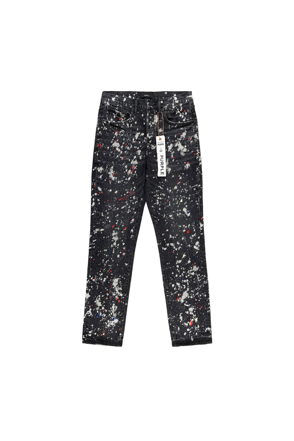 Purple denim slim straight pants with bleach stains and paint splatters, sizes 28-42.