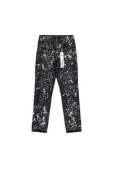 Purple denim slim straight pants with bleach stains and paint splatters, sizes 28-42.