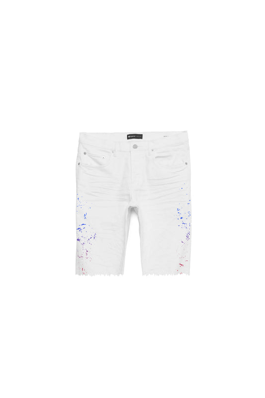 Zola Prisma Short in washed white denim with relaxed fit and embroidery details.