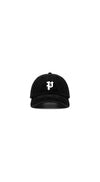 P Logo Dad Hat in black with Gothic wordmark embroidery, one size fits all.