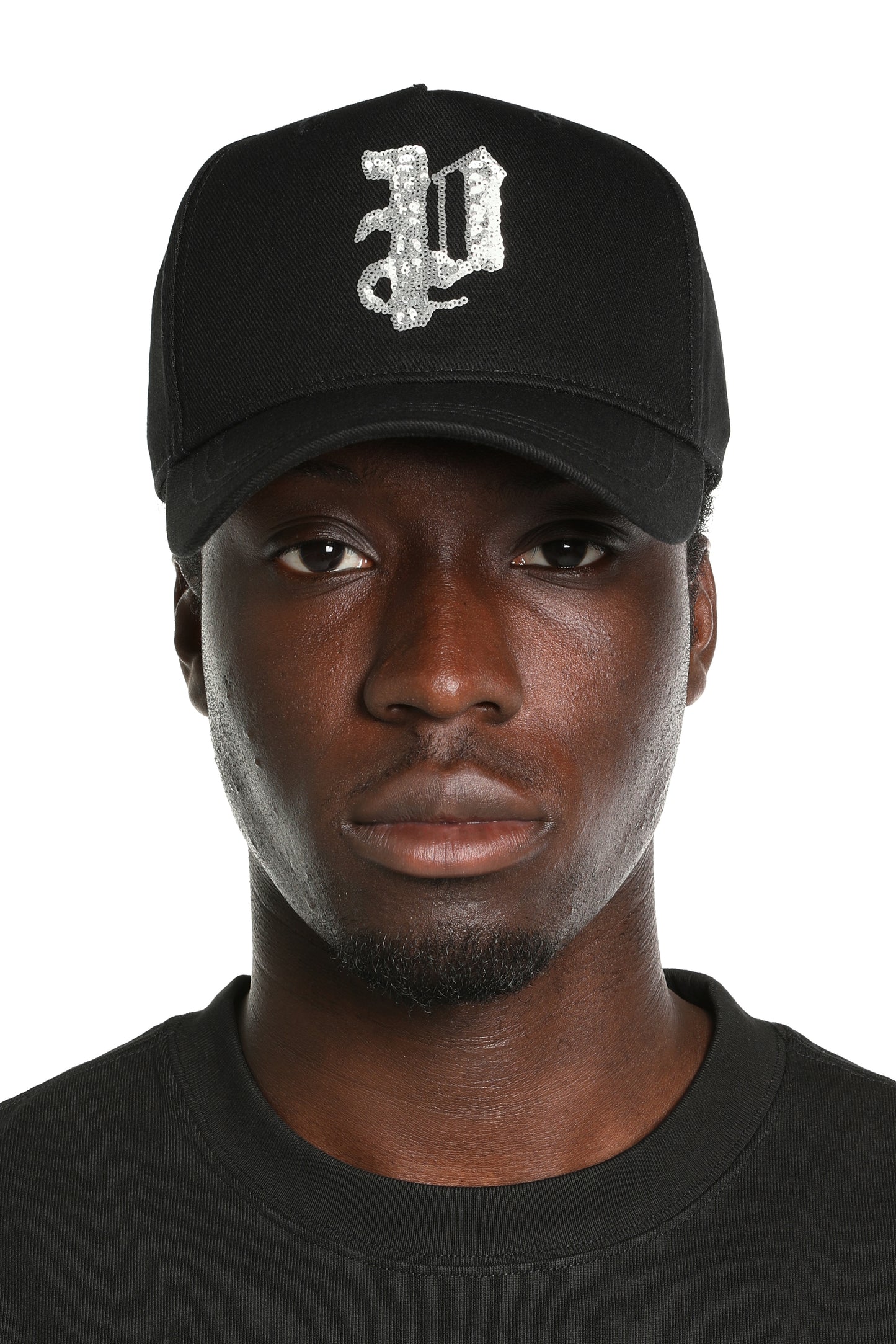 Sequin P Logo Hat with sequin logo on crown and back arch, featuring a leather strap and buckle.