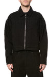 Pearl Cropped Jacket with textured denim, relaxed fit, and pearl embellishments in black.