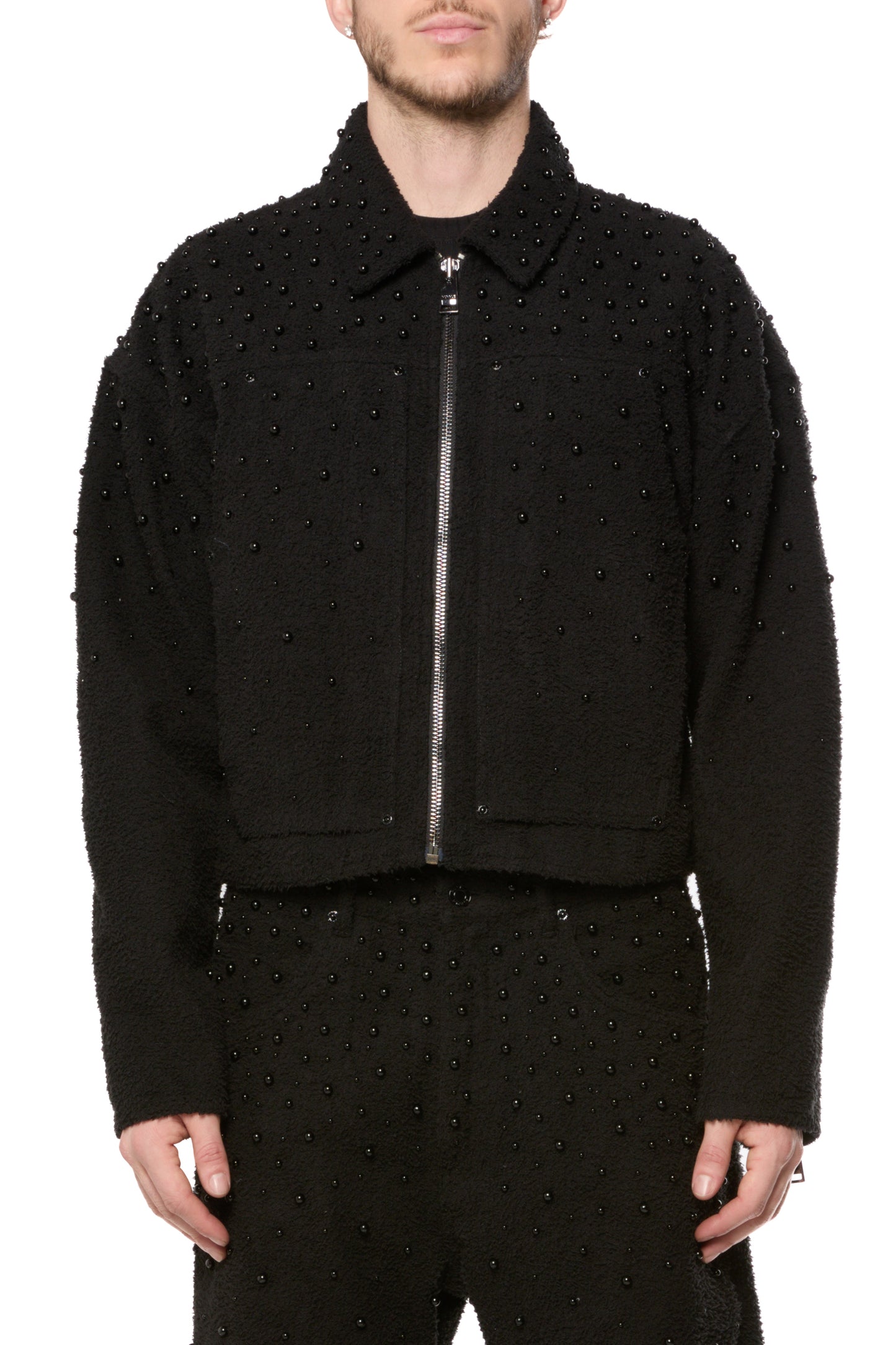 Pearl Cropped Jacket with textured denim, relaxed fit, and pearl embellishments in black.