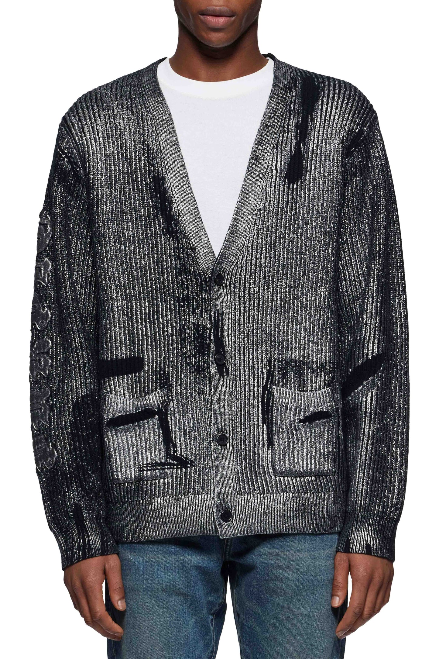 Foil Sweater with silver foil print, relaxed fit, 100% wool, available in XS to XXL.