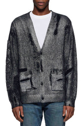 Foil Sweater with silver foil print, relaxed fit, 100% wool, available in XS to XXL.