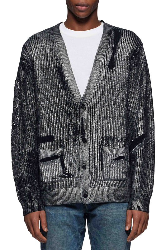 Foil Sweater with silver foil print, relaxed fit, 100% wool, available in XS to XXL.