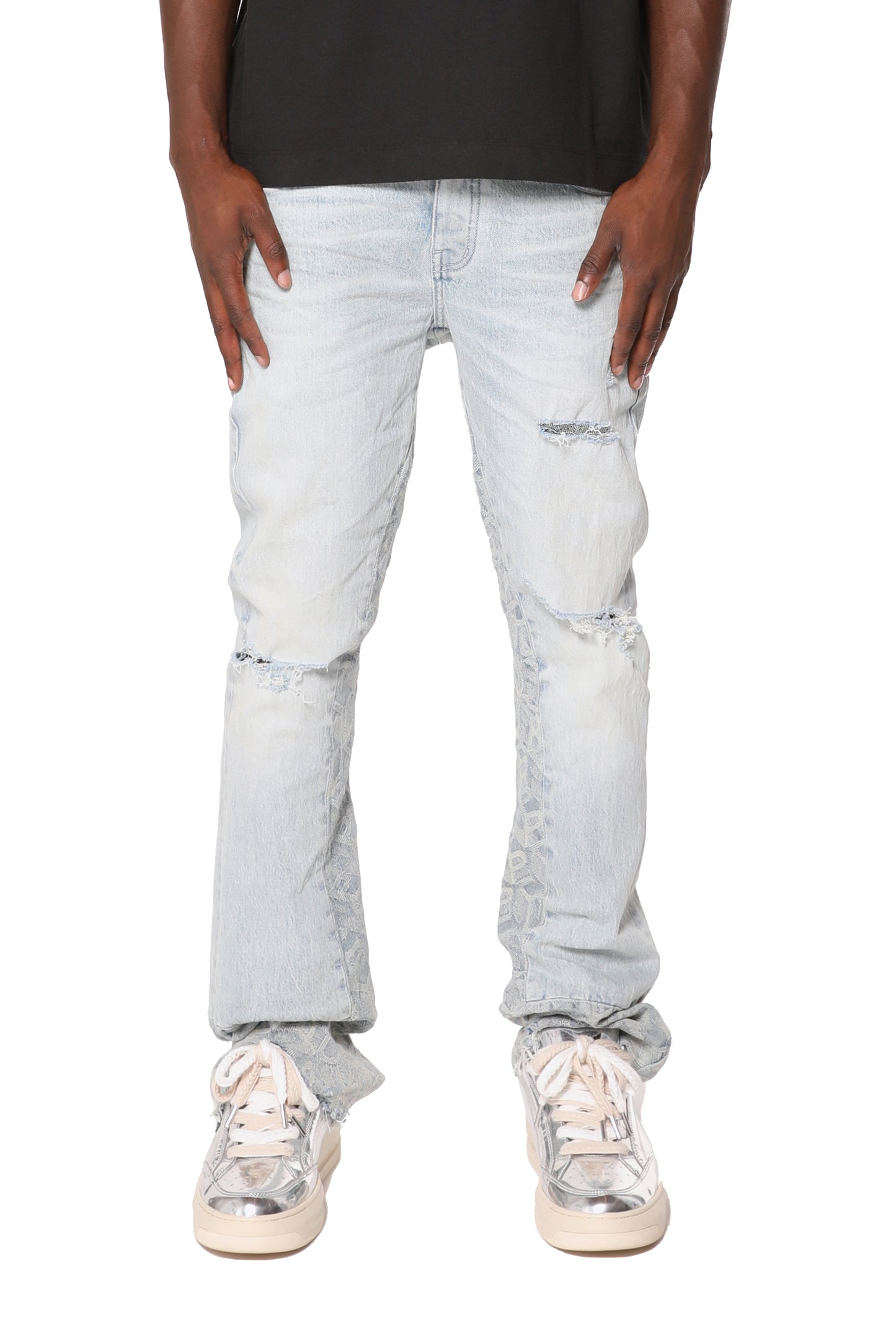 Slim fit flared leg jeans with jacquard monogram pattern, reinforced belt loops, front destroy.
