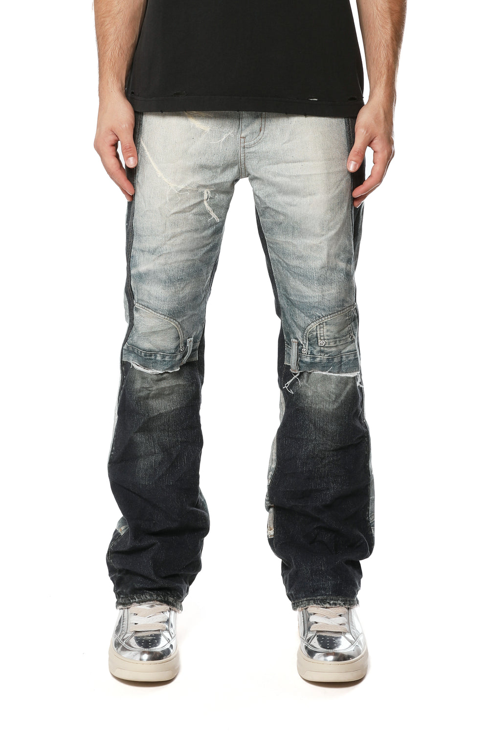Bootcut jeans P026-UDBC326 with mid rise, 5 pockets, and button fly in white label collection.