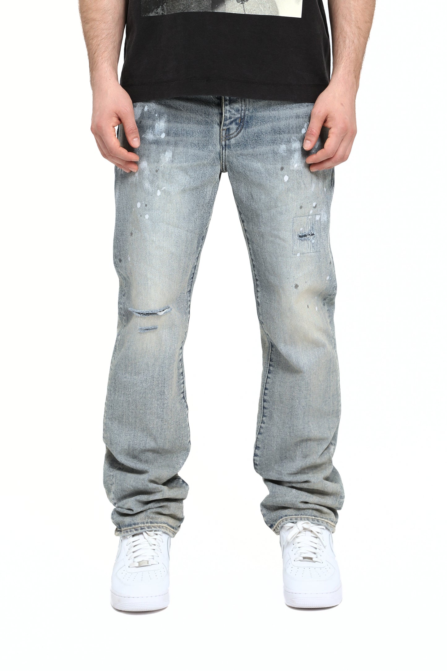 Light Vintage Slash Paint Denim with Knee Slit and Paint Splatters, available in sizes 28-40.