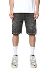 P059 Splatter Embroidery Short in relaxed fit with reinforced belt loops and button fly.