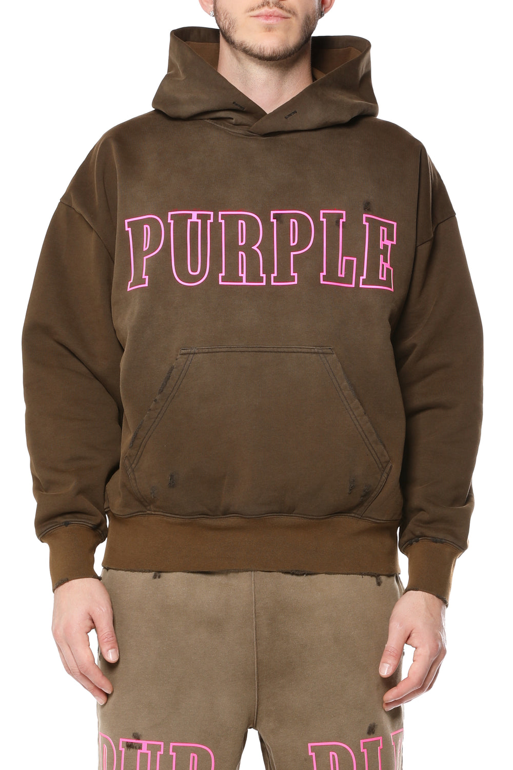Oversized midweight fleece sweatshirt with kangaroo pocket and heavy bleach wash distress details.