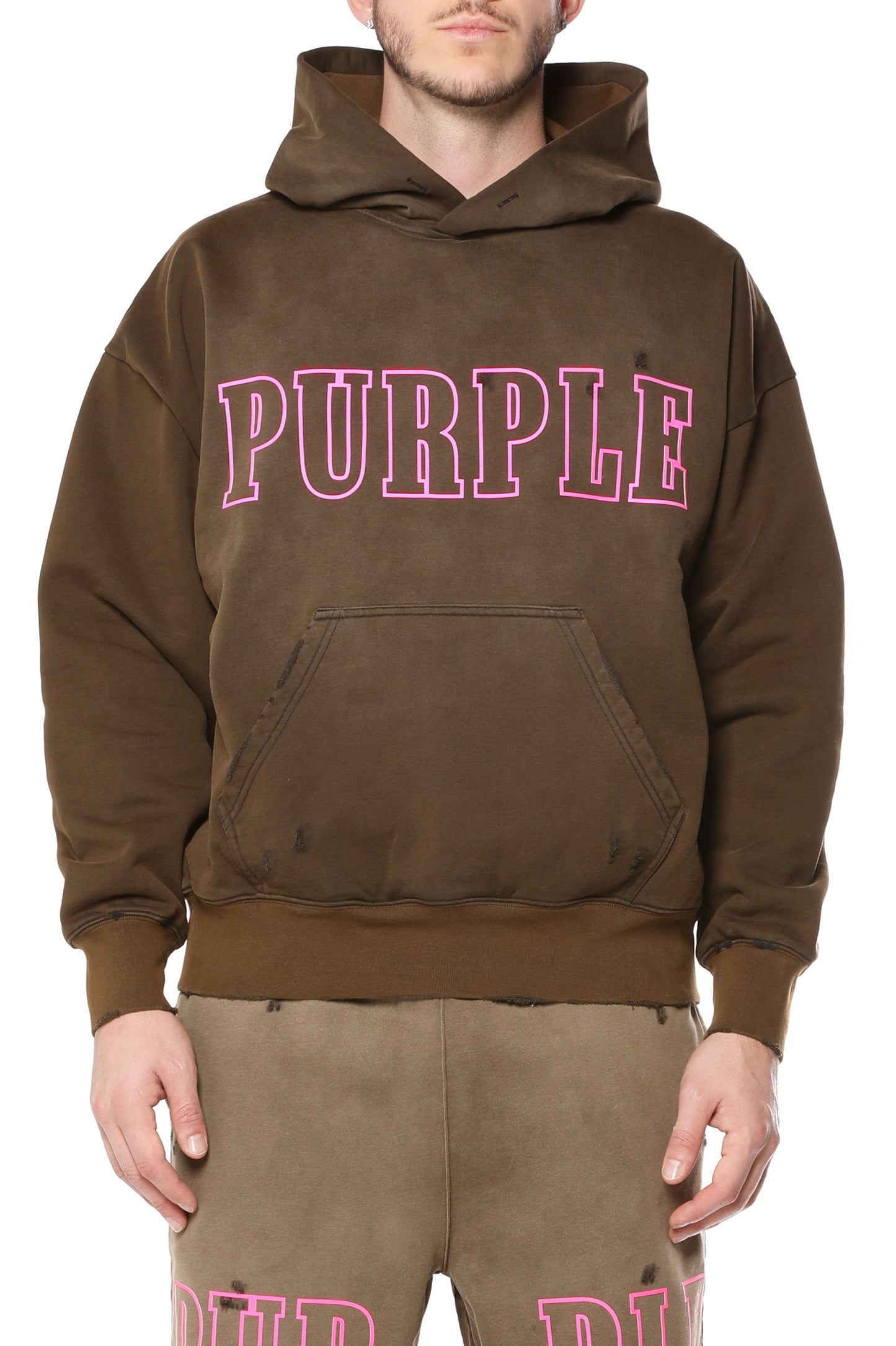 Oversized midweight fleece sweatshirt with kangaroo pocket and heavy bleach wash distress details.