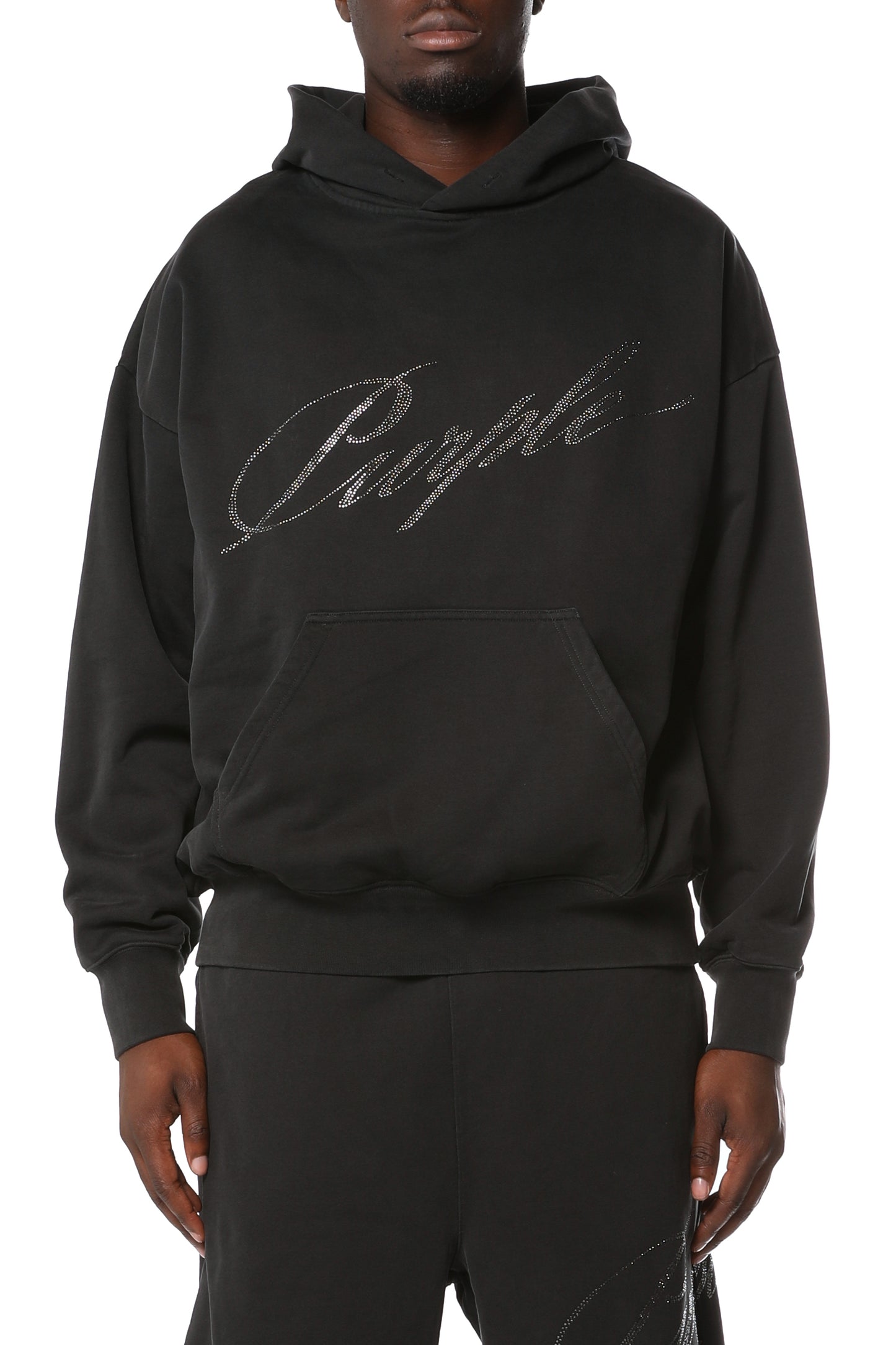 Oversized fit midweight fleece sweatshirt in mid acid wash with kangaroo pocket and hotfix crystal details