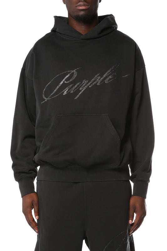 Oversized fit midweight fleece sweatshirt in mid acid wash with kangaroo pocket and hotfix crystal details