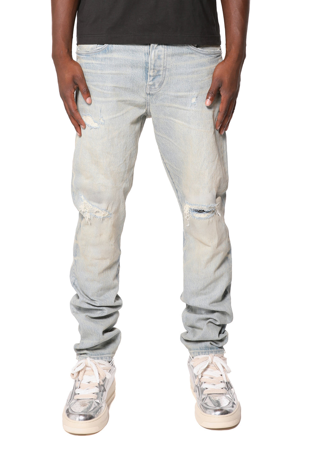 Slim straight jeans with reinforced belt loops and front pockets, mid rise, in WHITE LABEL collection.