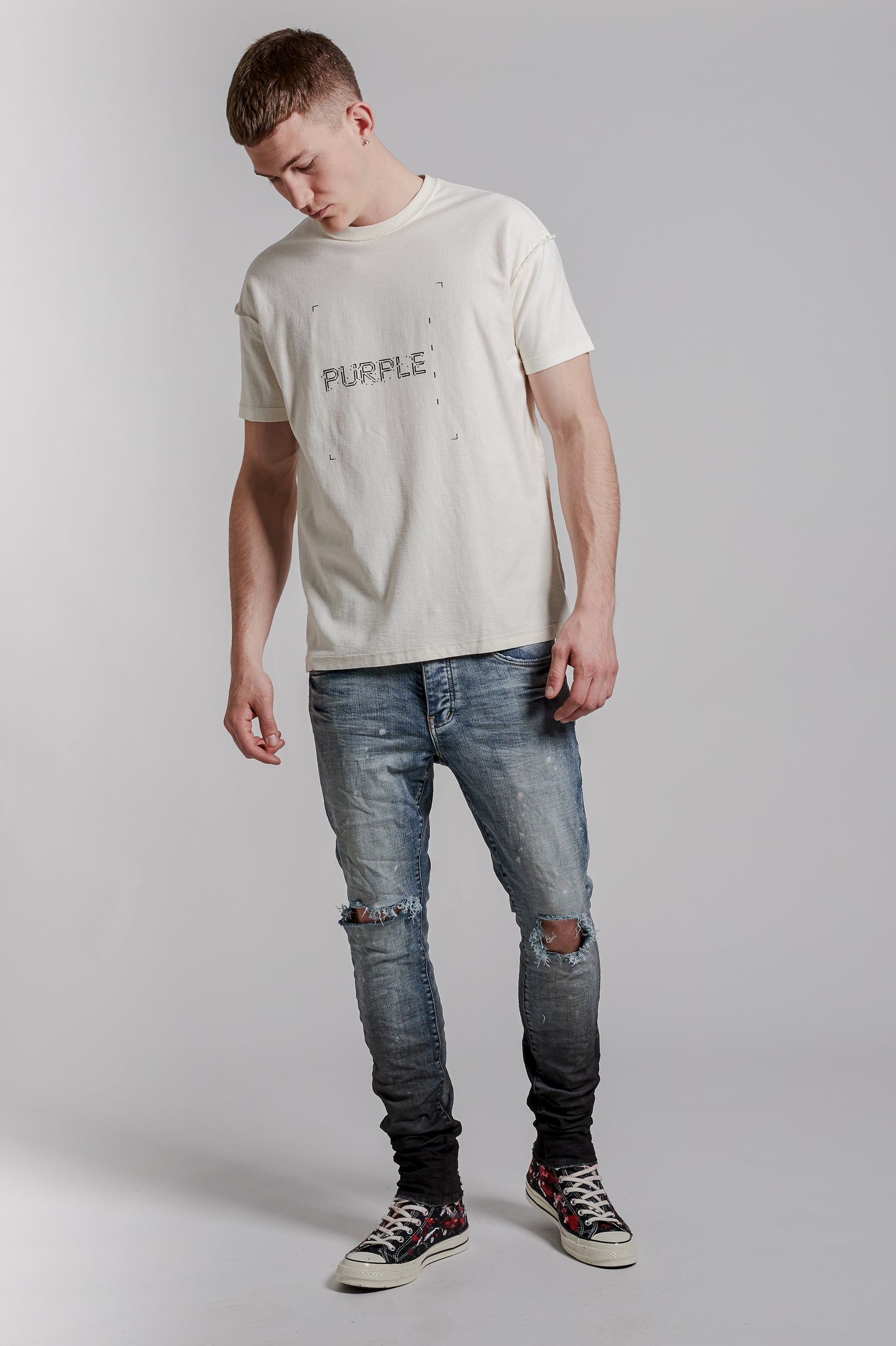 PURPLE BRAND - Men's Denim Jean - Low Rise Skinny - Style No. P001 - Indigo Black Gradient - Model Styled Pose