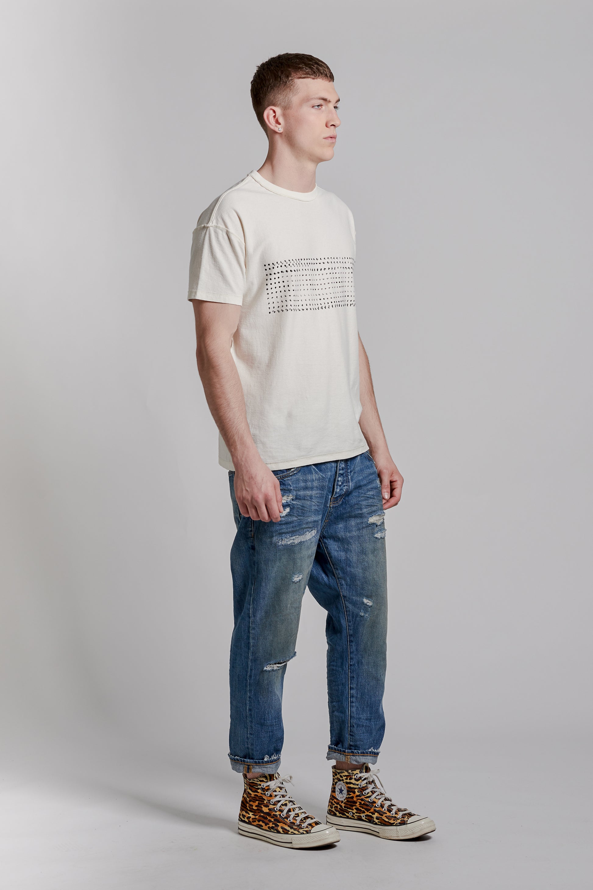 PURPLE BRAND - Men's Denim Jean - Long Rise Relaxed - Style No. P003 - Indigo Vintage Distress Crop - Model Side Pose