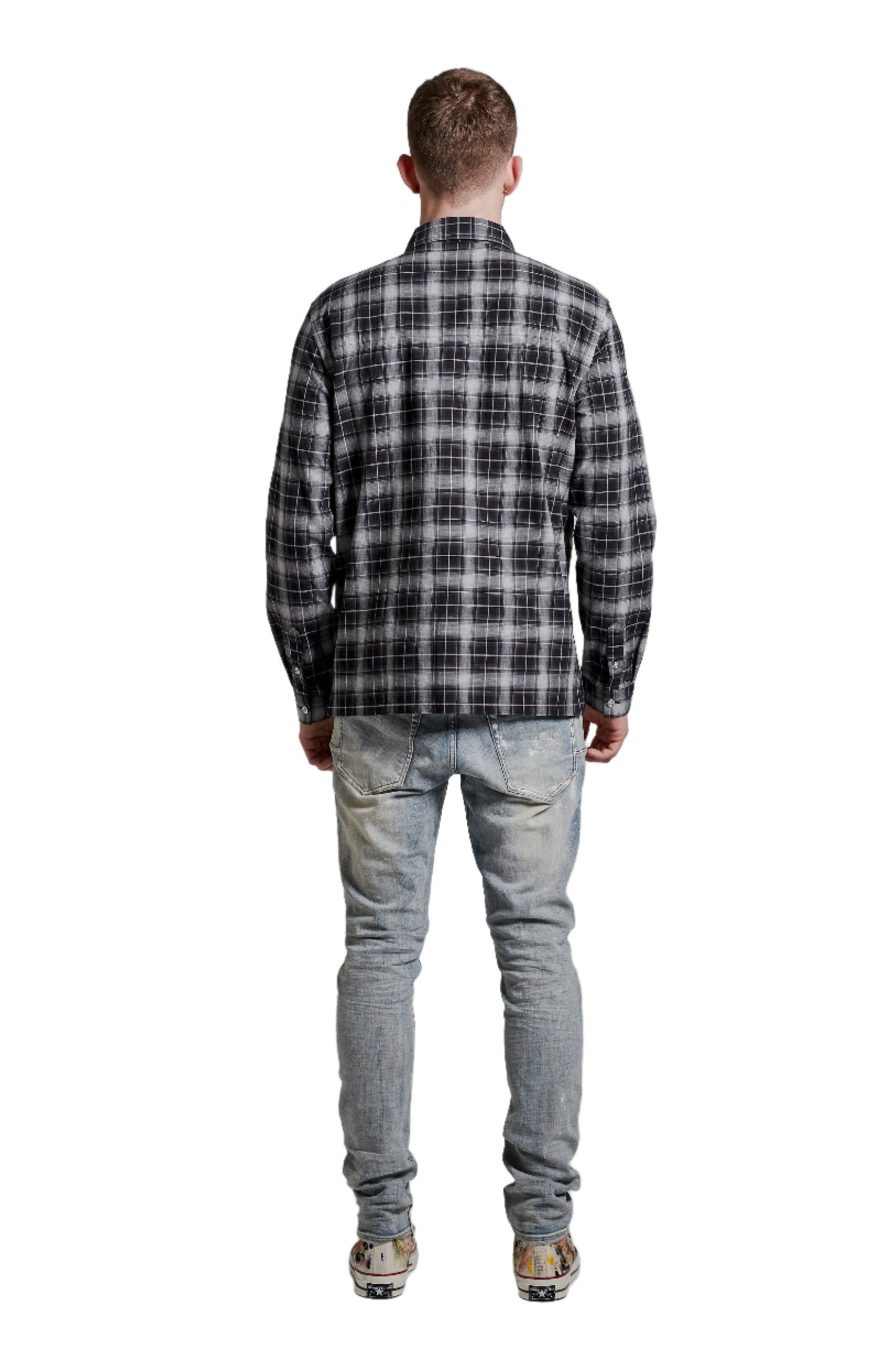 PURPLE BRAND - Men's Long Sleeve Shirt - Style No. P304 - Bias Chest Pocket Shirt Black - Model Back Pose