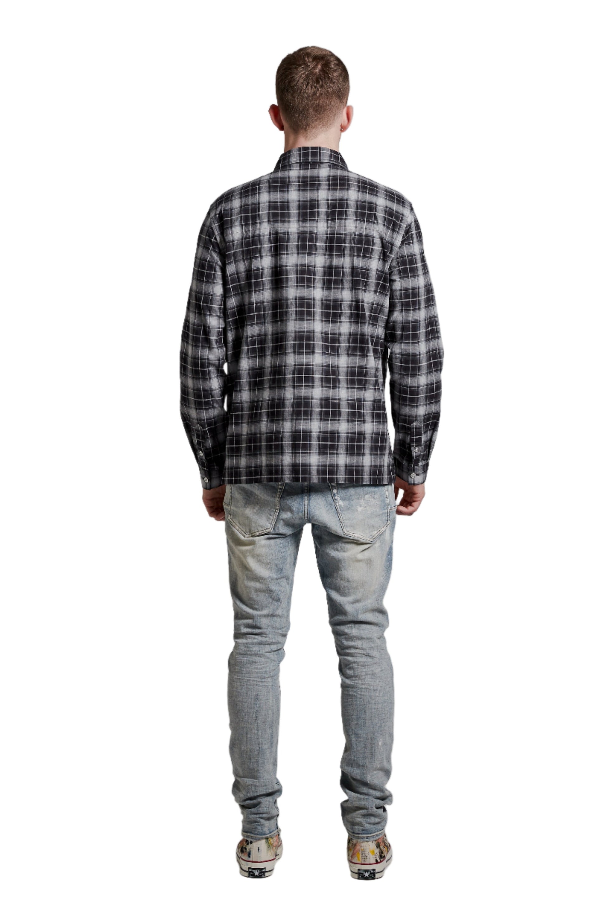 PURPLE BRAND - Men's Long Sleeve Shirt - Style No. P304 - Bias Chest Pocket Shirt Black - Model Back Pose
