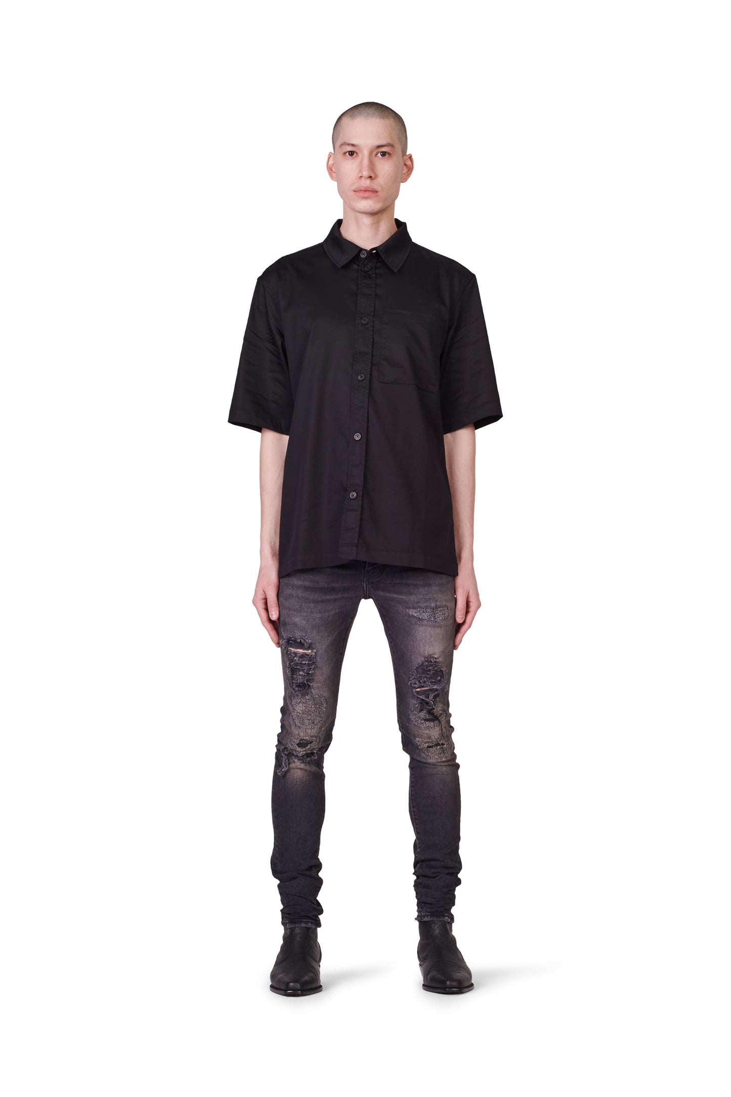PURPLE BRAND - Men's Denim Jean - Low Rise Skinny - Style No. P001 - Black Four Pocket Destroy- Model Front Pose 