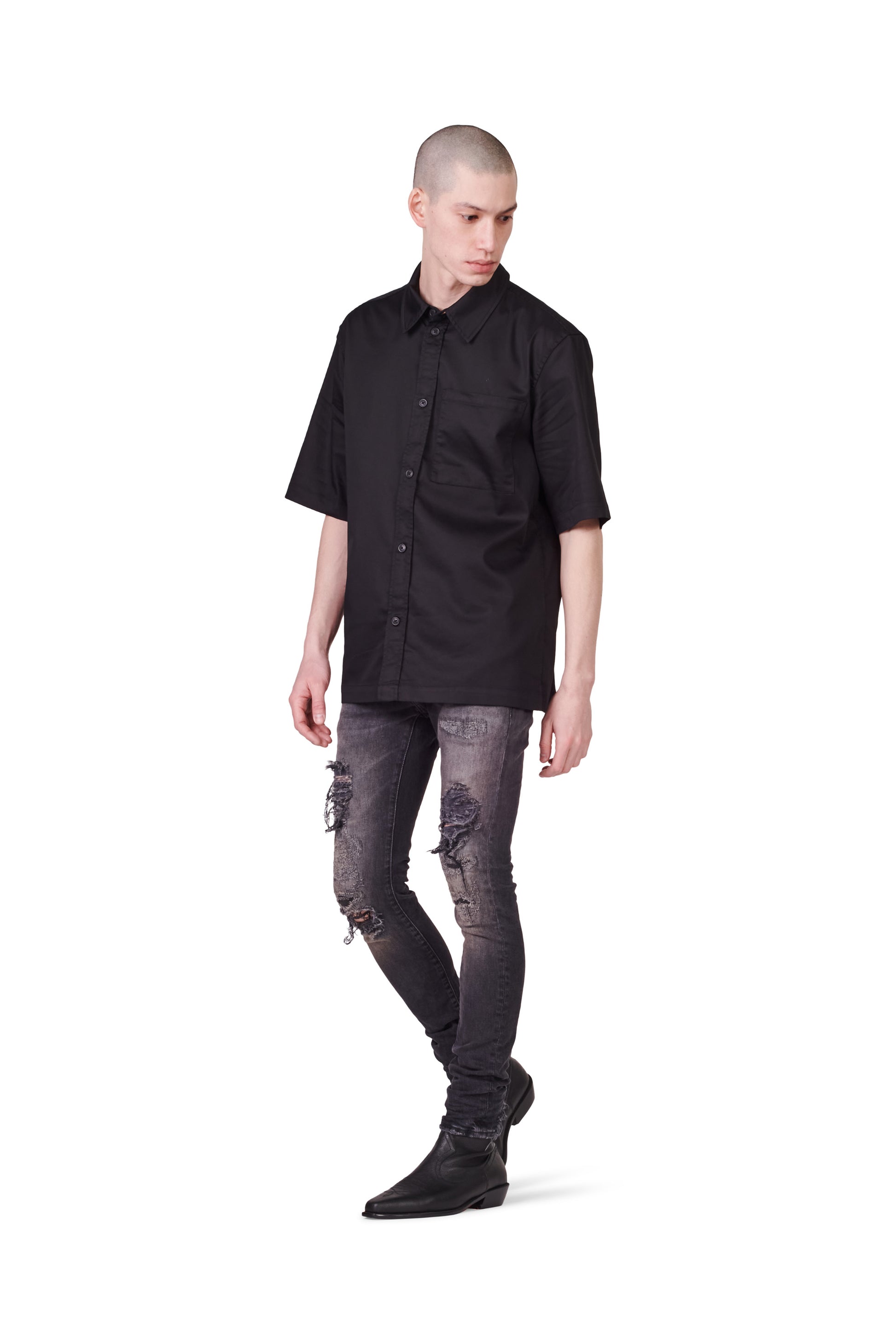 PURPLE BRAND - Men's Denim Jean - Low Rise Skinny - Style No. P001 - Black Four Pocket Destroy- Model Styled Pose 