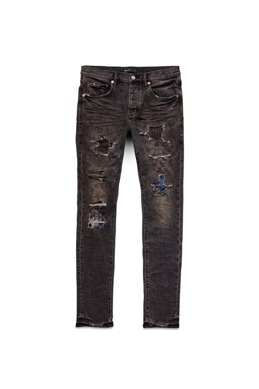 P001 LOW RISE SKINNY JEAN - Black Heavy Repair With Plaid Patch