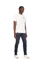 PURPLE BRAND - Men's Denim Jean - Low Rise Skinny - Style No. P001 - 3 Needle Black Wash Repair - Model Side Pose