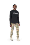PURPLE BRAND - Men's Denim Jean - Low Rise Skinny - Style No. P001 - Washed Camo Tan Snake - Model Side Pose