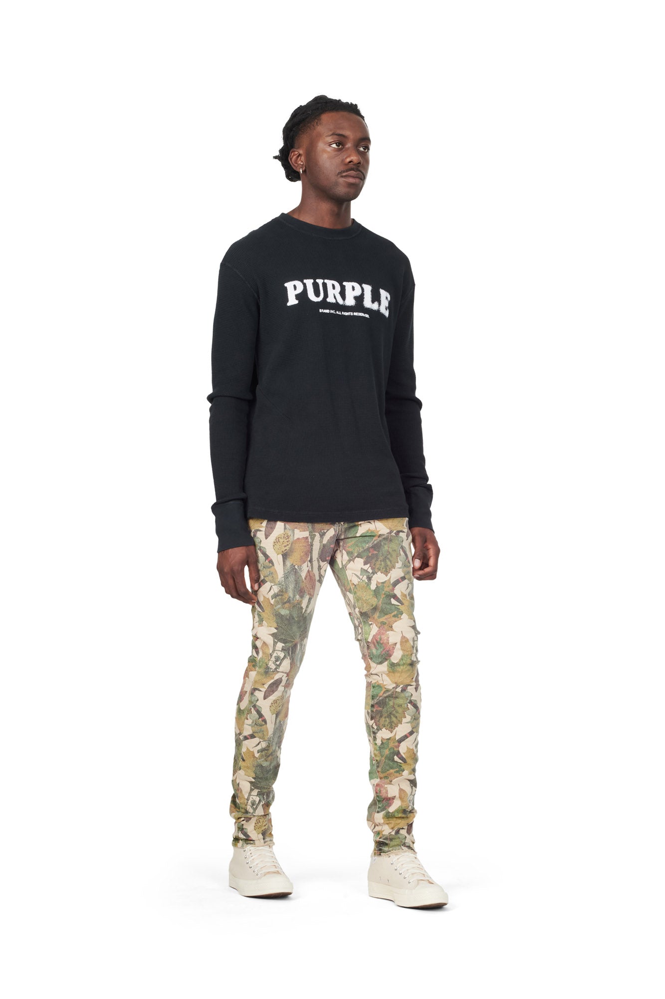 PURPLE BRAND - Men's Denim Jean - Low Rise Skinny - Style No. P001 - Washed Camo Tan Snake - Model Side Pose