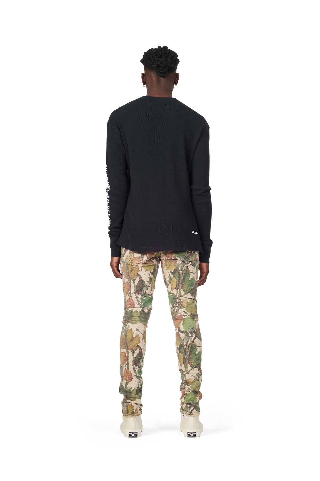 PURPLE BRAND - Men's Denim Jean - Low Rise Skinny - Style No. P001 - Washed Camo Tan Snake - Model Back Pose