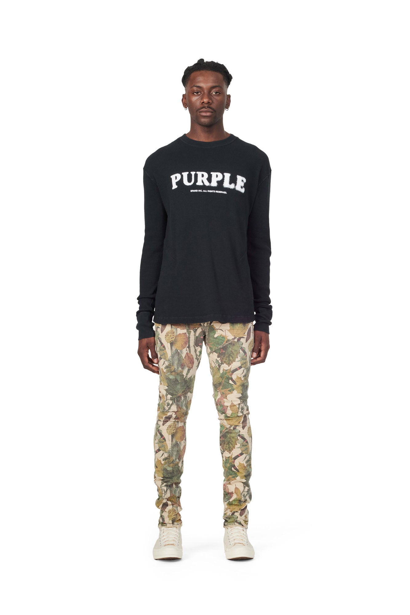 PURPLE BRAND - Men's Denim Jean - Low Rise Skinny - Style No. P001 - Washed Camo Tan Snake - Model Front Pose