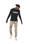 PURPLE BRAND - Men's Denim Jean - Low Rise Skinny - Style No. P001 - Washed Camo Tan Snake - Model Styled Pose