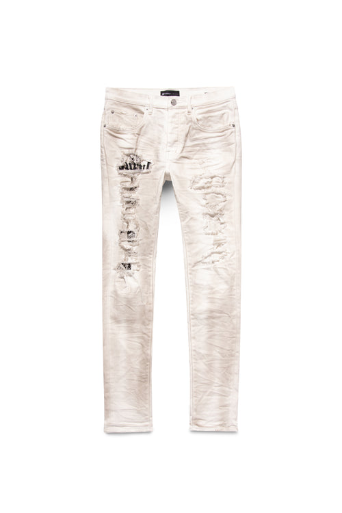 P001 LOW RISE SKINNY JEAN - Dirty White Destroy Jersey Knit Repair