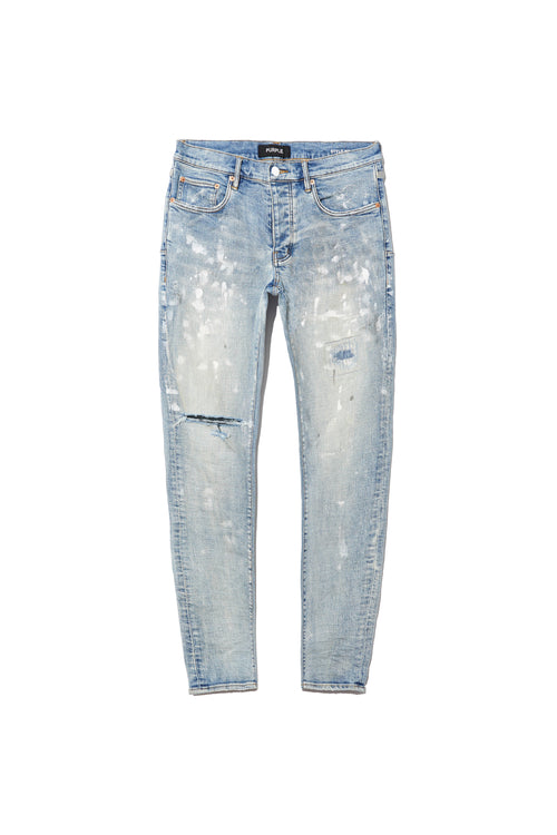 mens purple brand denim jean low rise skinny style no. p001 light indigo paint blowout front