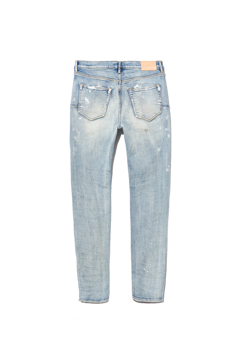 mens purple brand denim jean low rise skinny style no. p001 light indigo paint blowout back
