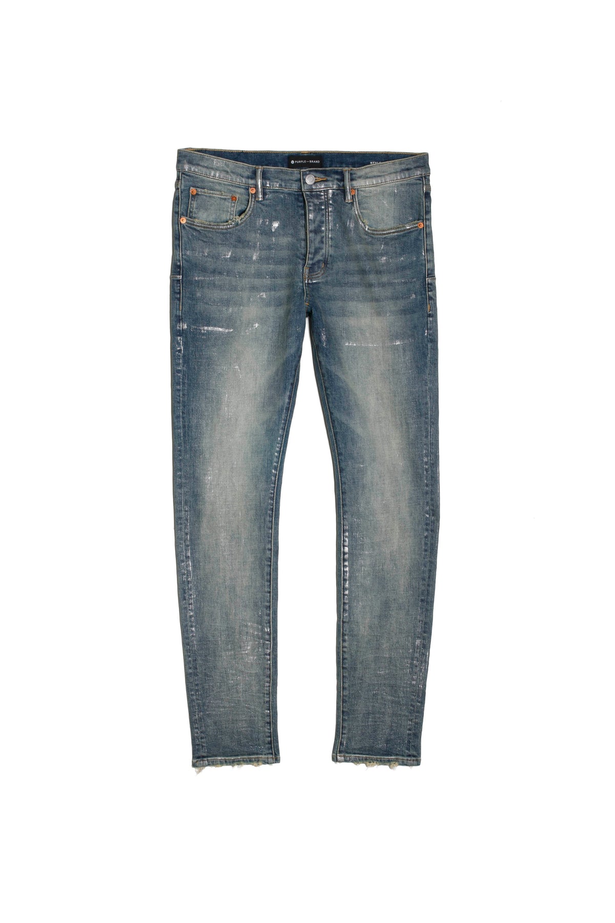 mens purple brand denim jean low rise skinny style no. p001 light indigo metallic silver front