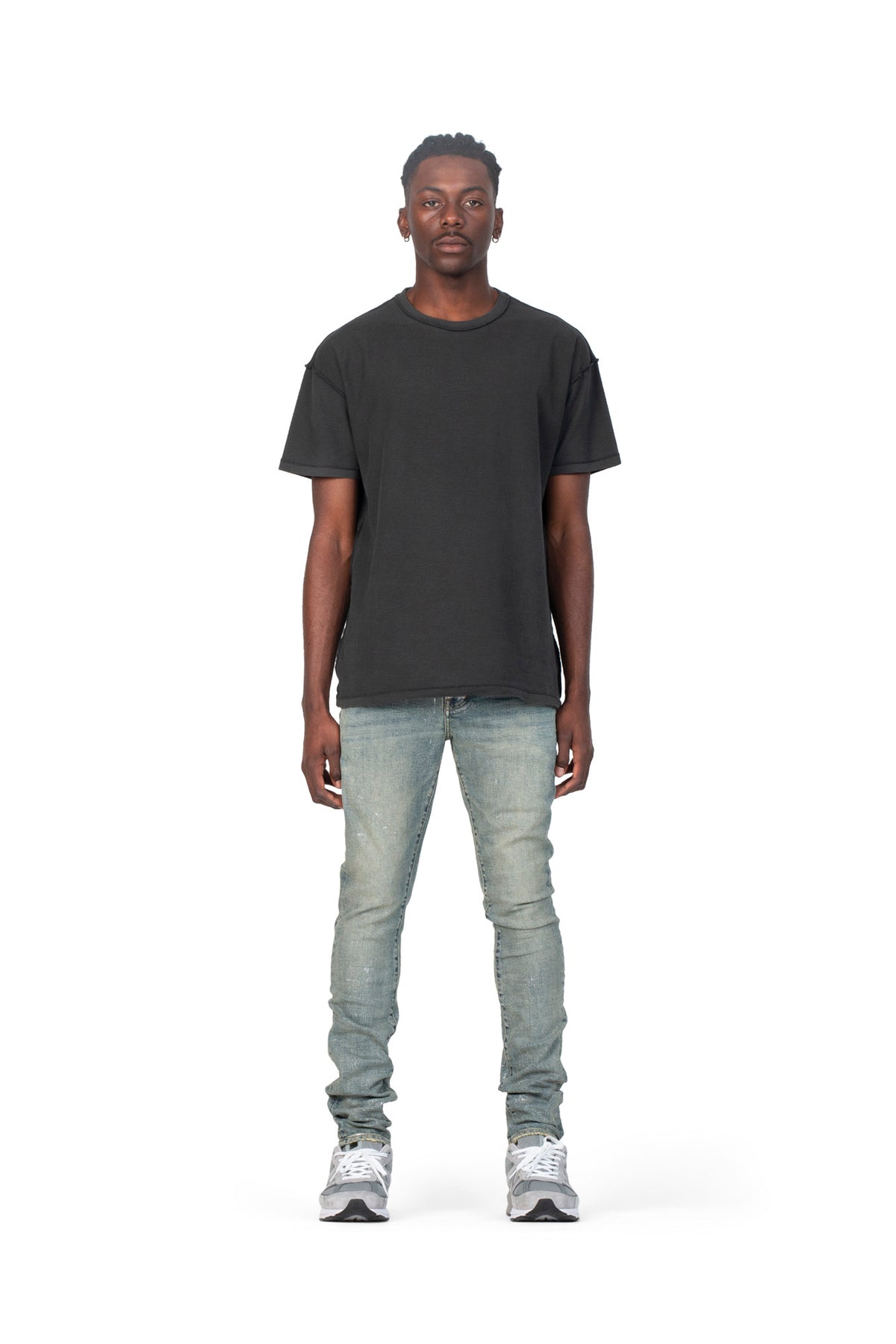 mens purple brand denim jean low rise skinny style no. p001 light indigo metallic silver model front pose