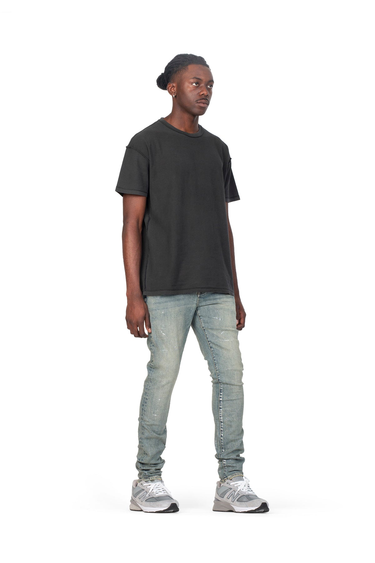 mens purple brand denim jean low rise skinny style no. p001 light indigo metallic silver model side pose