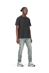 mens purple brand denim jean low rise skinny style no. p001 light indigo metallic silver model side pose