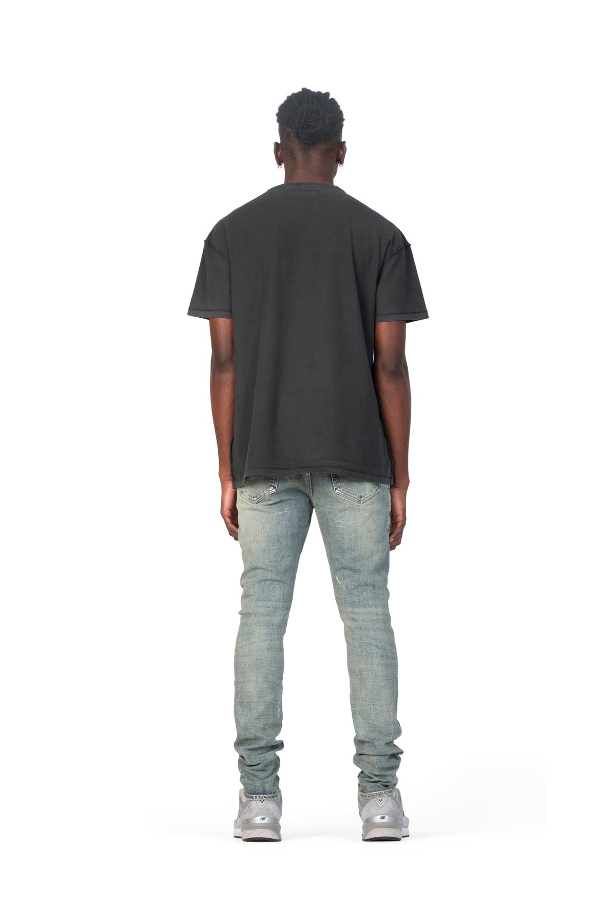 mens purple brand denim jean low rise skinny style no. p001 light indigo metallic silver model back pose