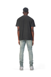 mens purple brand denim jean low rise skinny style no. p001 light indigo metallic silver model back pose