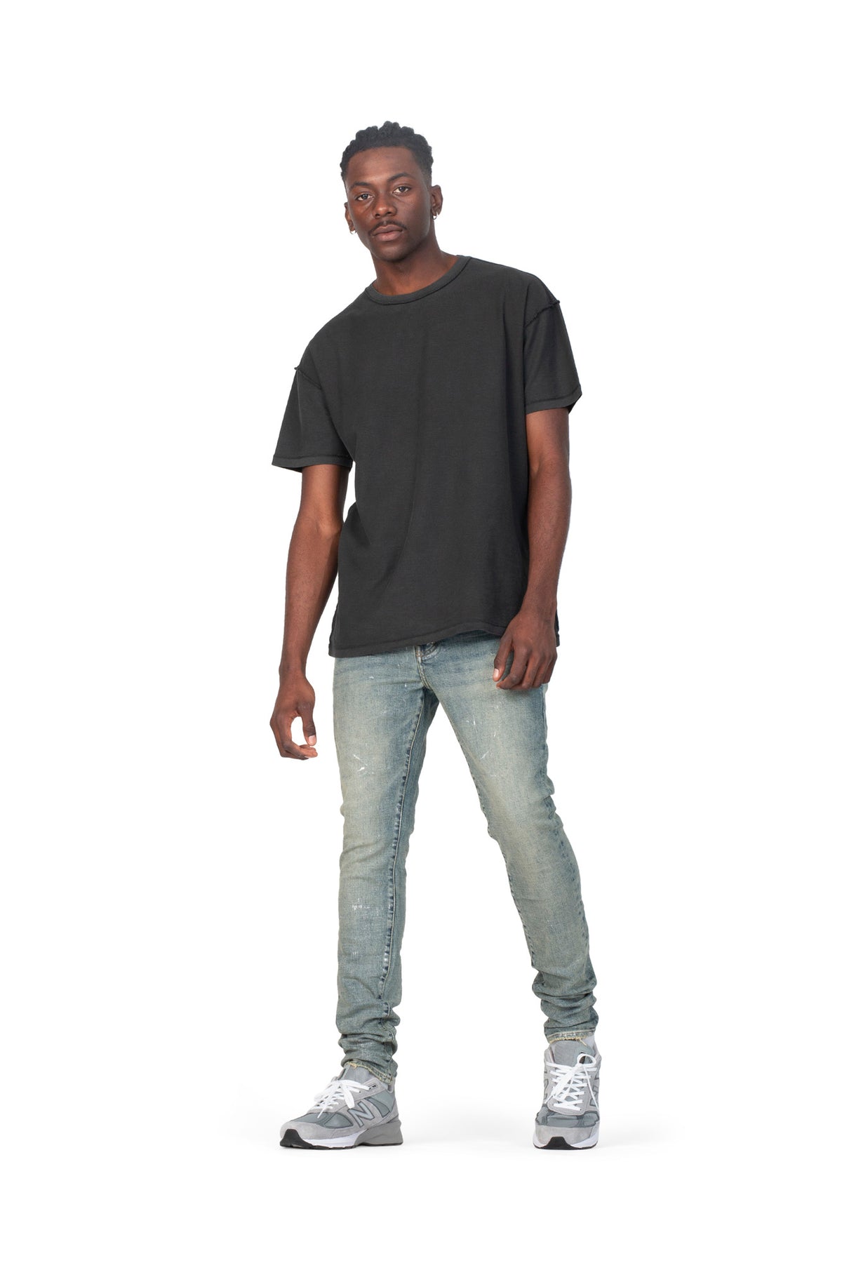 mens purple brand denim jean low rise skinny style no. p001 light indigo metallic silver model styled pose