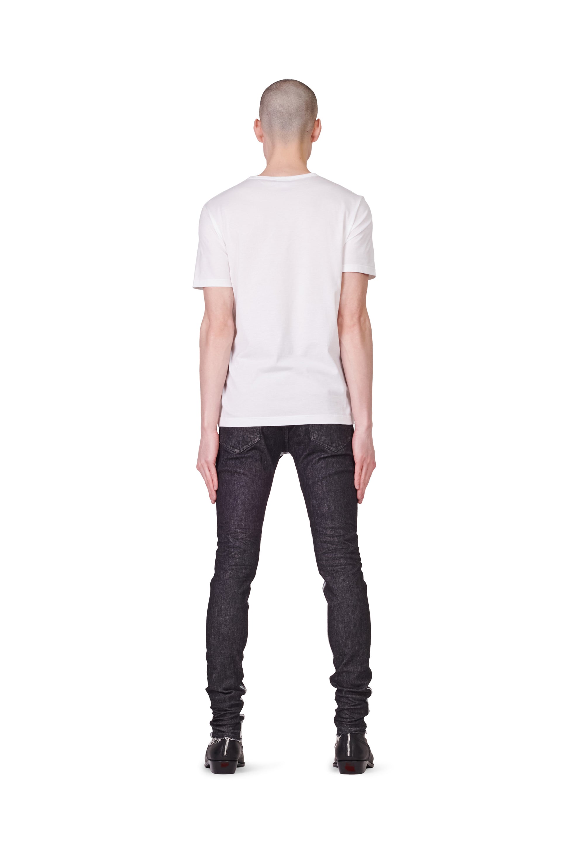 PURPLE BRAND - Men's Low Rise Skinny Jean - Style No. P001 - Raw Indigo Black Framis Fray - Model Back Pose