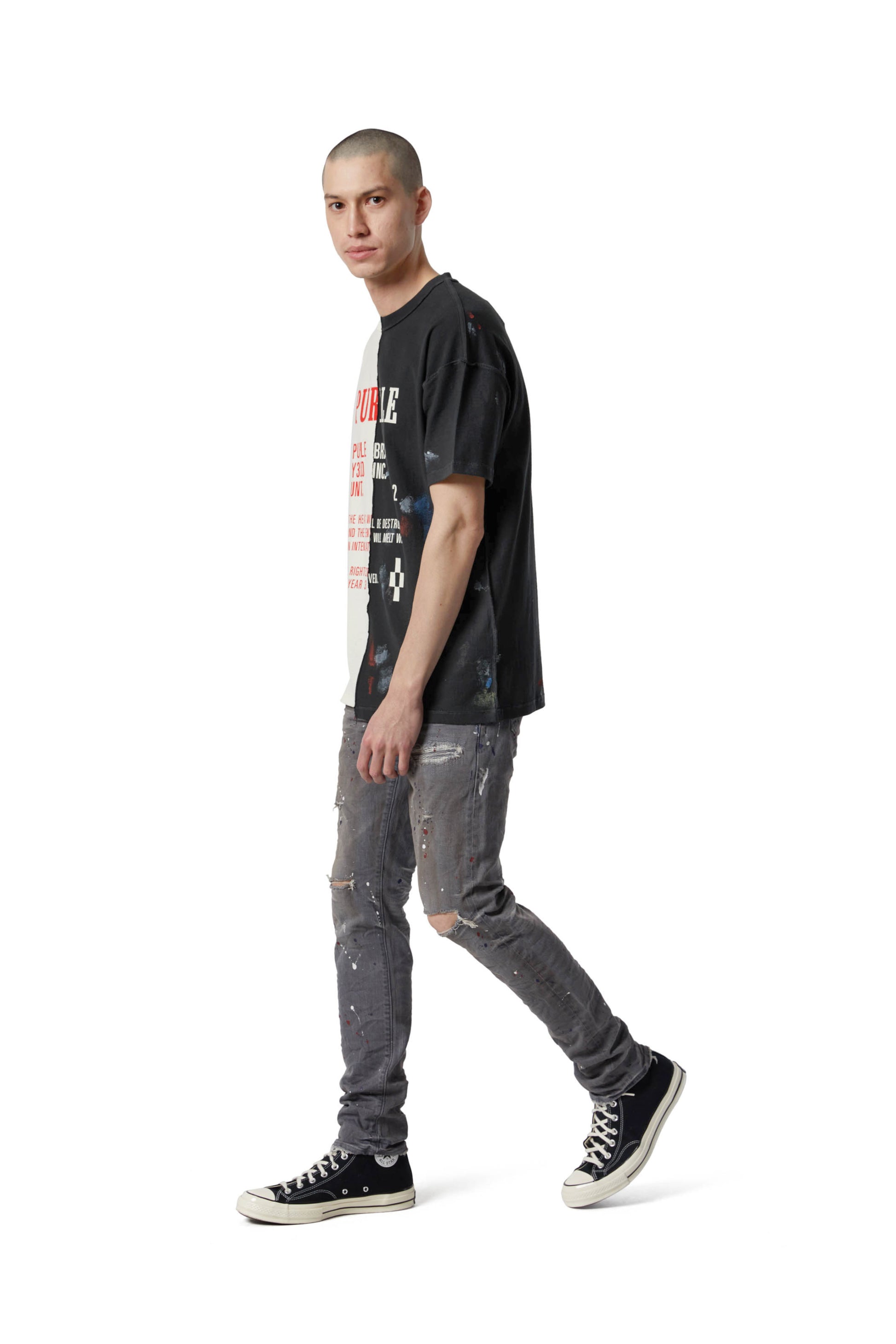 PURPLE BRAND - Men's Denim Jean - Low Rise Skinny - Style No. P001 - Washed Grey Paint Repair - Model Styled Pose