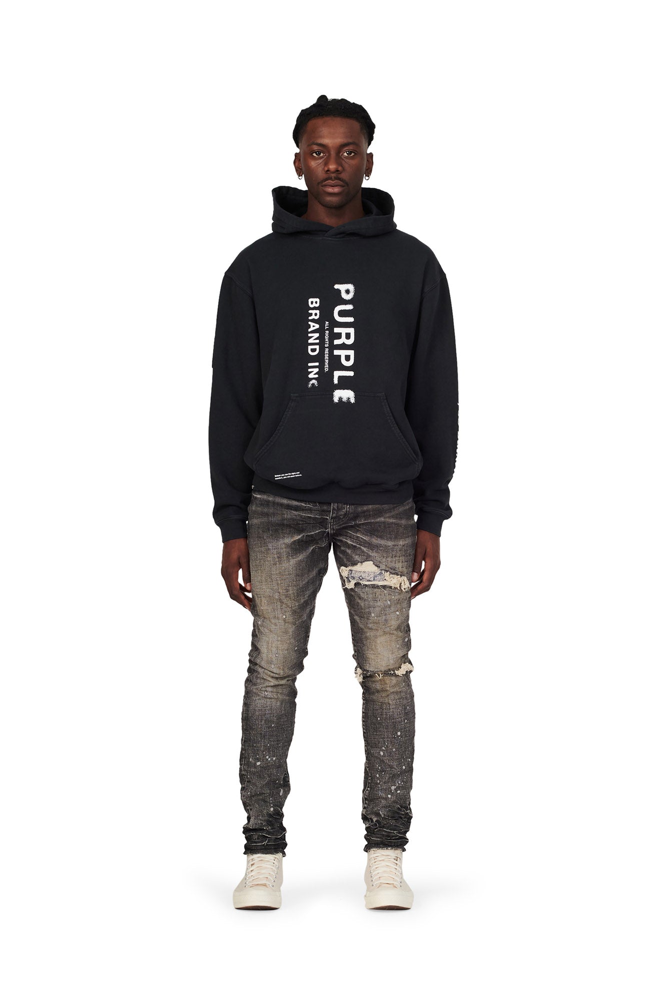 PURPLE BRAND - Men's Denim Jean - Mid Rise Slim - Style No. P002 - Bandana Patch Pocket Grey - Model Front Pose